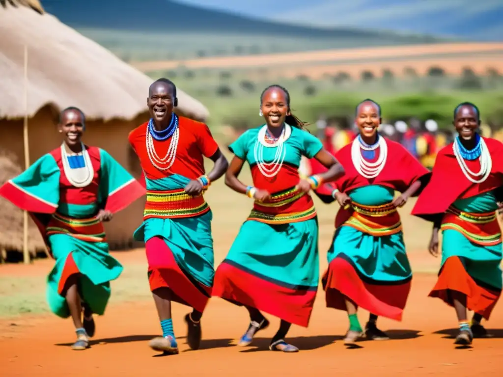 Grupo de bailarines kenianos en festival de danzas, con trajes vibrantes y movimientos dinámicos, expresando el significado cultural de Kenia