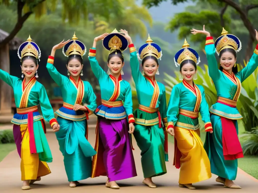 Grupo de bailarines laosianos con trajes de danza tradicionales en vibrantes colores, mostrando la riqueza cultural de Laos