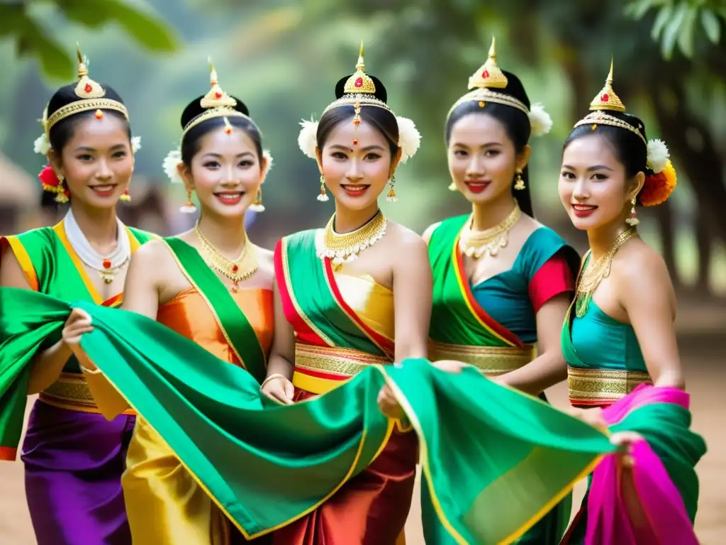 Grupo de bailarines laosianos con trajes vibrantes y coloridos, danzando graciosamente en un entorno natural exuberante