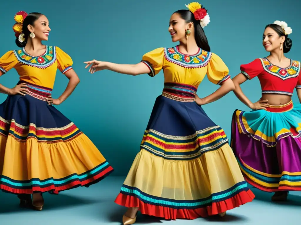 Grupo de bailarines latinoamericanos luciendo coloridos trajes tradicionales en una animada presentación