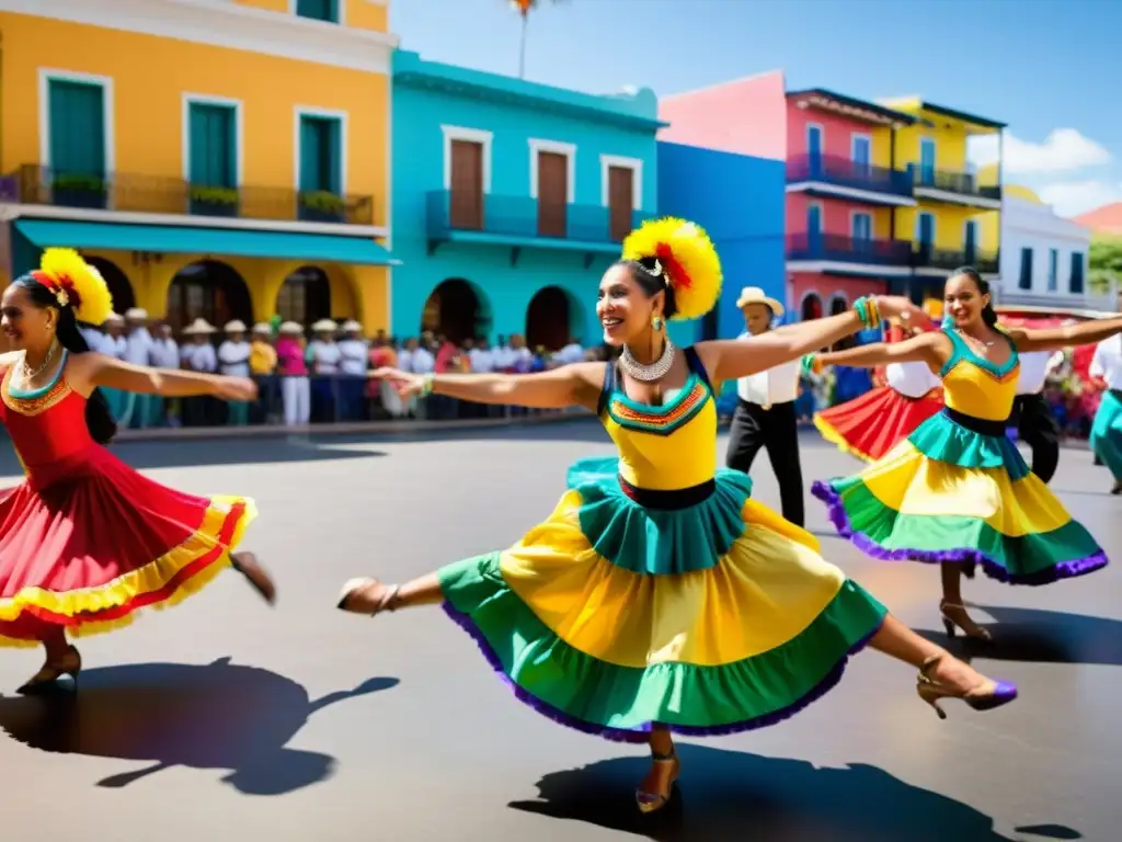 Grupo de bailarines latinoamericanos en trajes coloridos, bailando en una plaza con impacto social y cultural