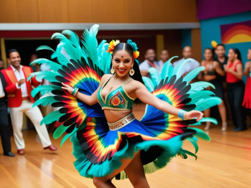 Grupo de bailarines latinoamericanos en trajes vibrantes y detallados, capturando la energía del baile tradicional