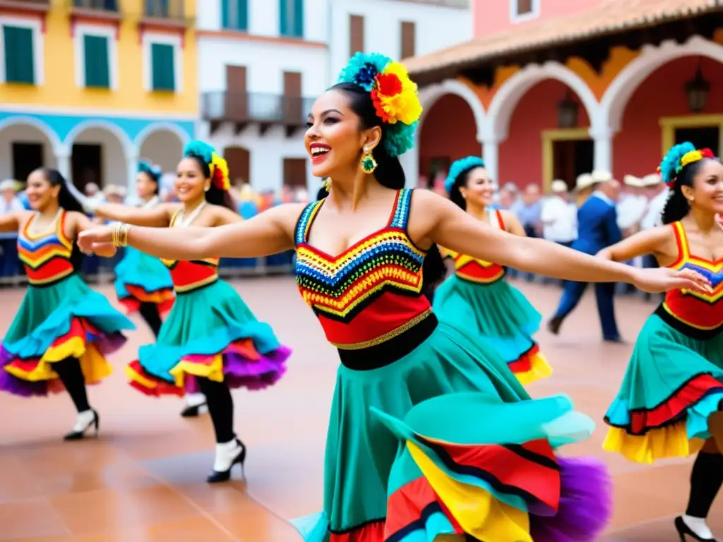 Grupo de bailarines latinos tradicionales realizando una rutina vibrante y llena de energía en la plaza de un pueblo colorido y bullicioso