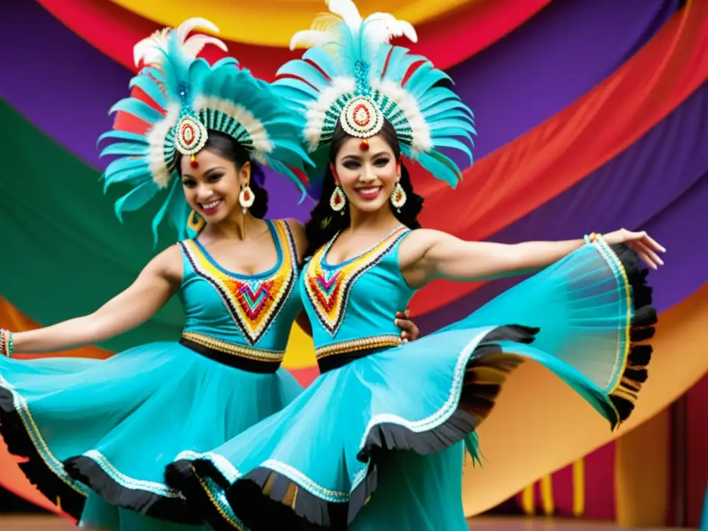 Grupo de bailarines latinos con trajes vibrantes y detallados, bailando en una fiesta colorida, reflejando la moda en la danza tradicional