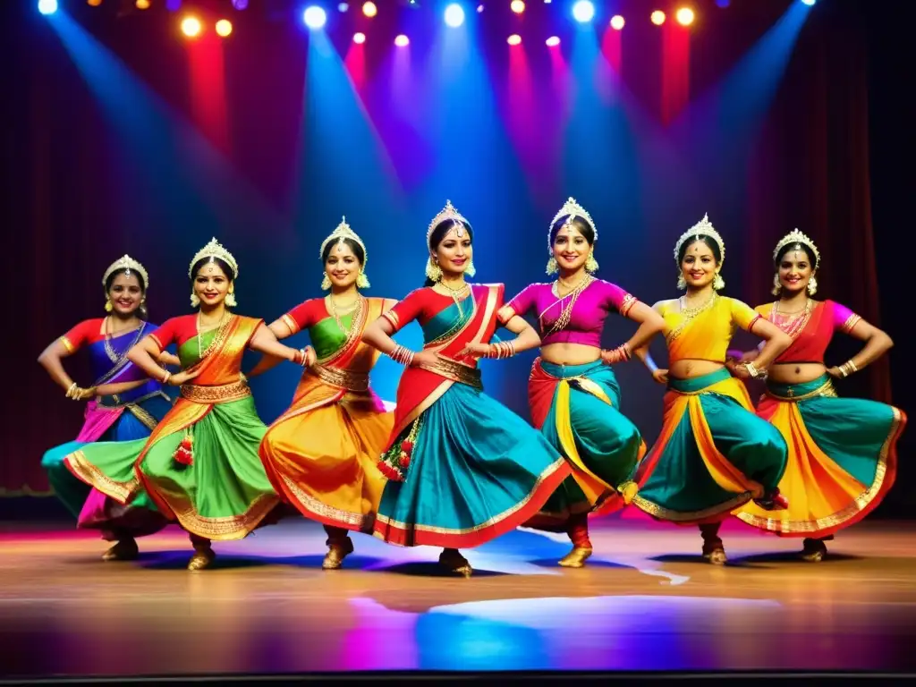 Grupo de bailarines de Lavani en trajes vibrantes, realizando movimientos elegantes en un escenario iluminado con luces de colores