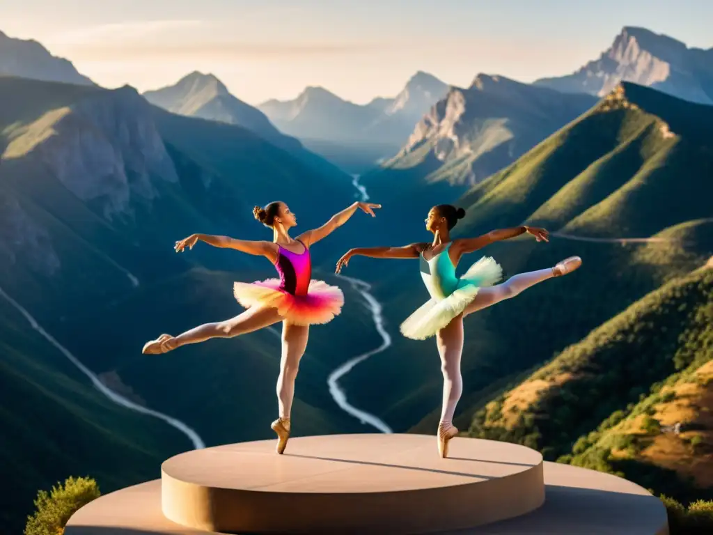 Grupo de bailarines en leotardos coloridos realizando saltos y giros elegantes en un escenario elevado, con una impresionante vista de montaña