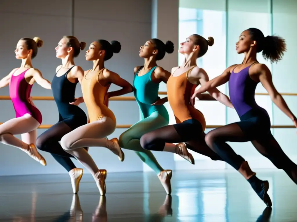 Un grupo de bailarines en leotardos y medias coloridas saltan con gracia en un estudio soleado, reflejando disciplina y arte en la enseñanza de danza