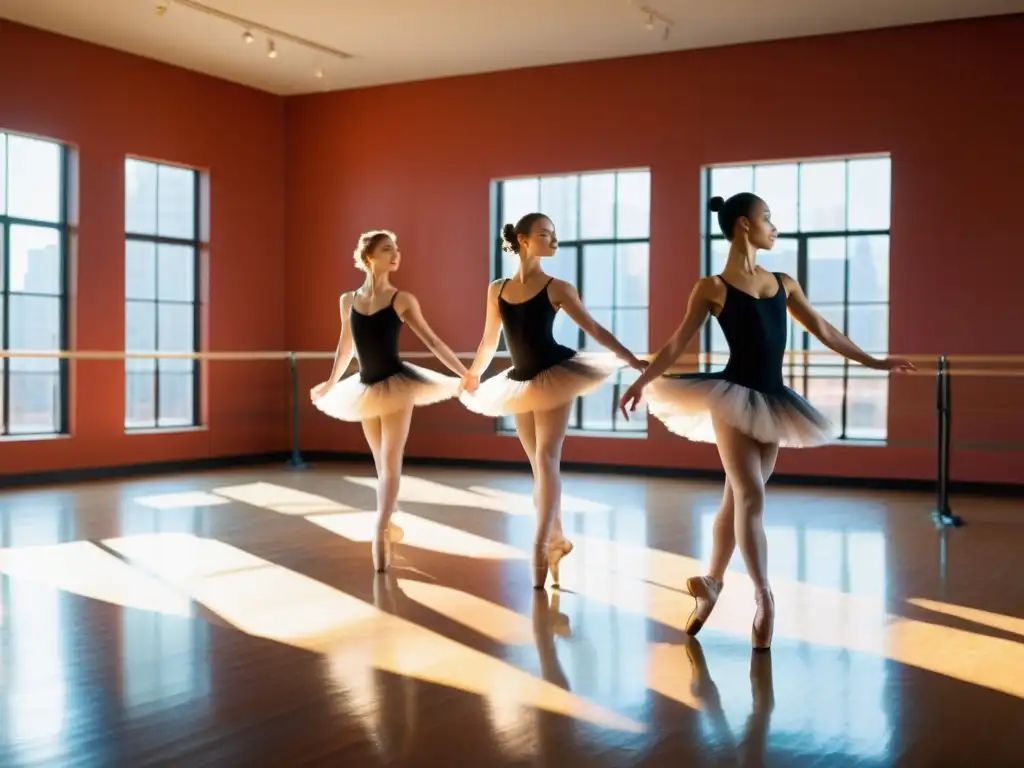 Grupo de bailarines en vibrantes leotardos y tutús, girando en un estudio soleado