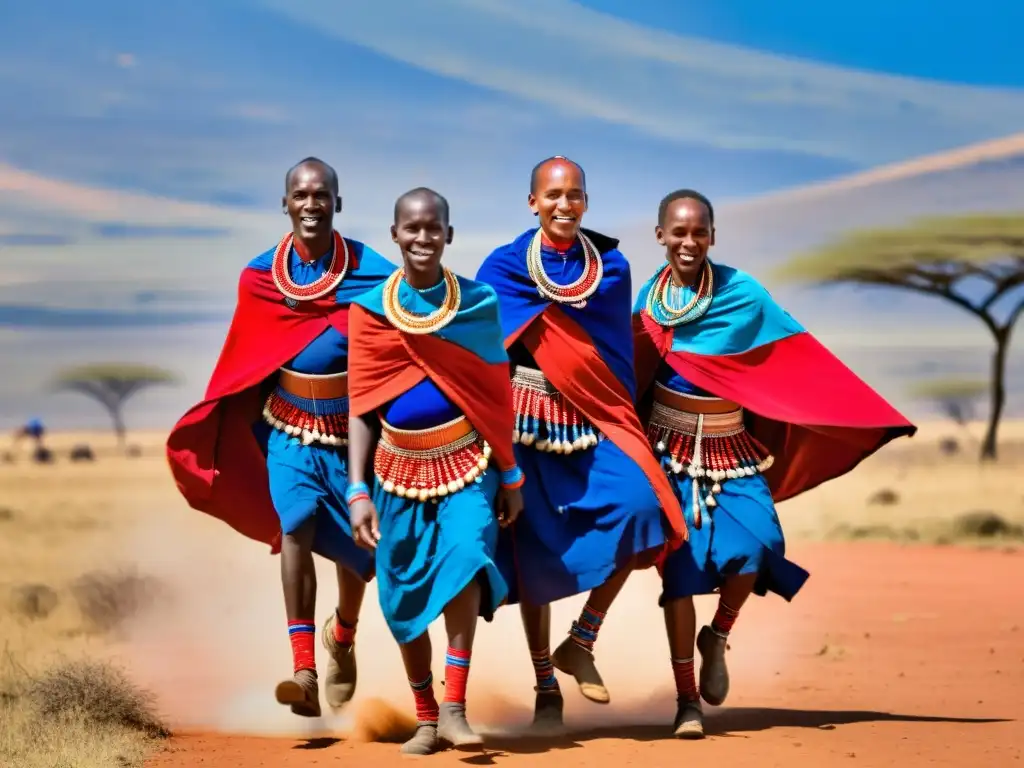 Grupo de bailarines Maasai saltando con energía en la sabana africana