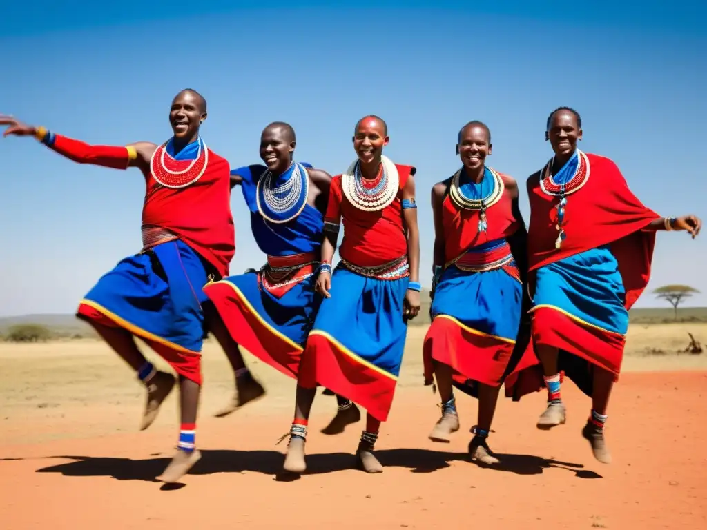 Grupo de bailarines Maasai en Kenia danzando en la sabana africana, capturando la esencia de los festivales de danza tradicional mundial