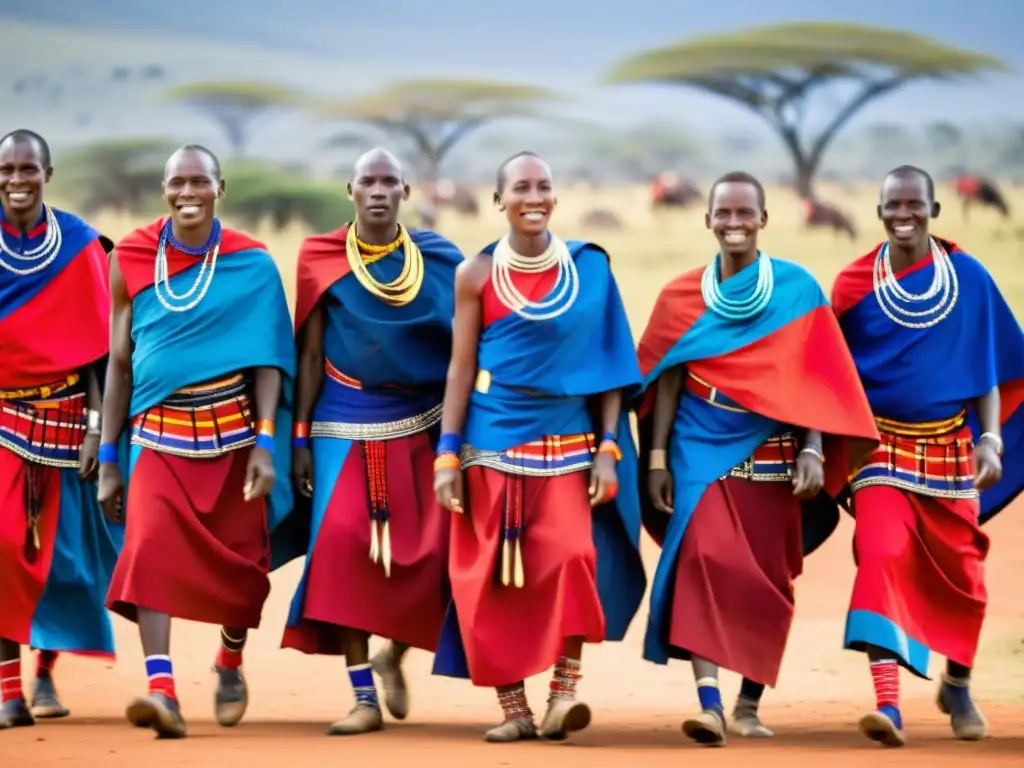 Grupo de bailarines Maasai en trajes vibrantes realizando danzas tradicionales del mundo en la sabana keniana al atardecer