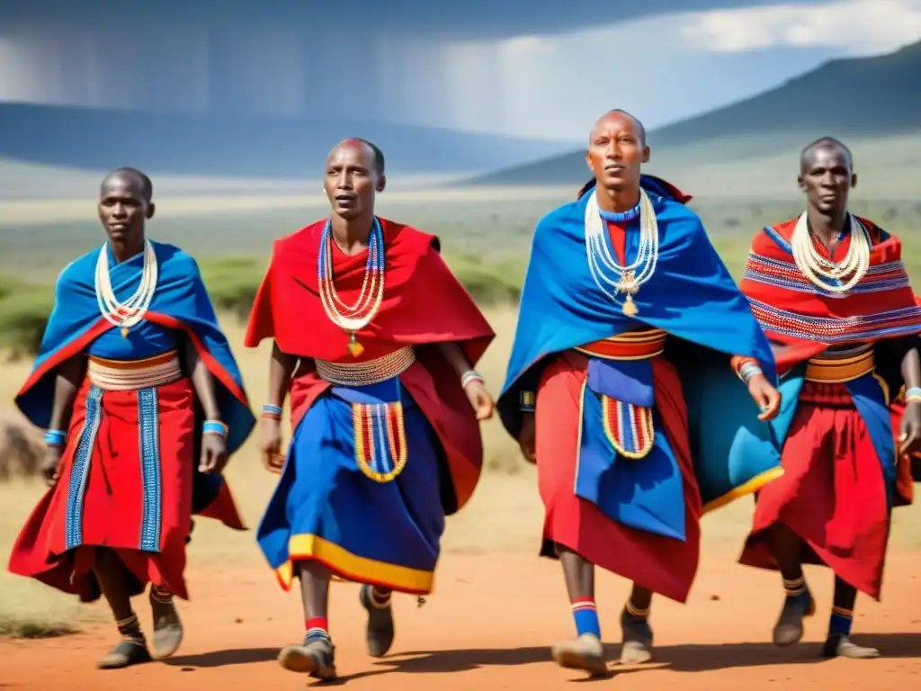 Grupo de bailarines Maasai en vibrantes vestimentas temáticas para eventos de danza, saltando con energía en la sabana africana