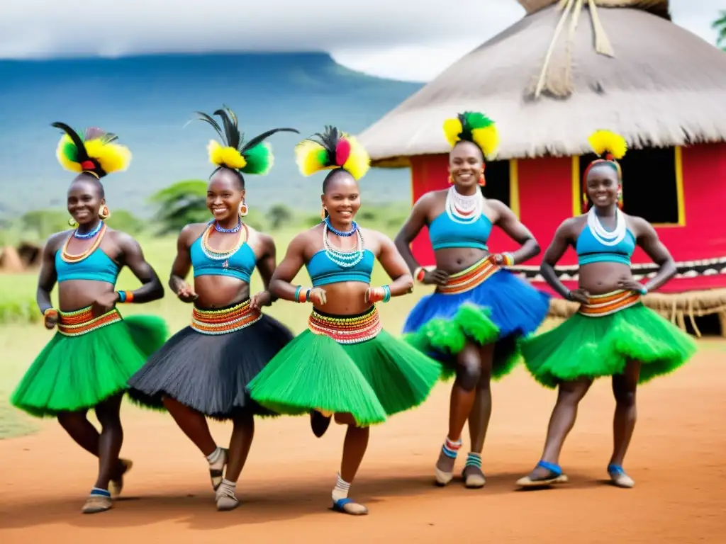 Baile tradicional malauí: la danza vibrante de Malipenga Grupo de bailarines de Malawi en trajes tradicionales Malipenga, danza llena de significado cultural en un pueblo rural de Malawi