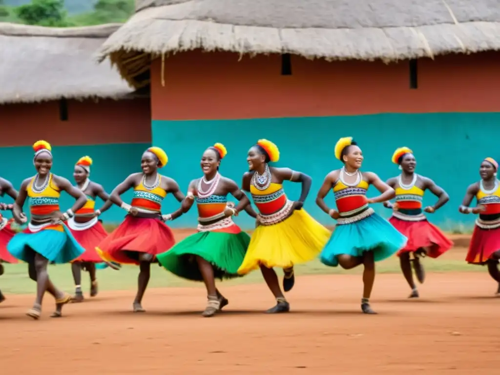 Vibrante danza Malipenga en Malawi Grupo de bailarines malauíes danzando Malipenga en atuendos tradicionales vibrantes, expresando el significado cultural de la danza en Malawi