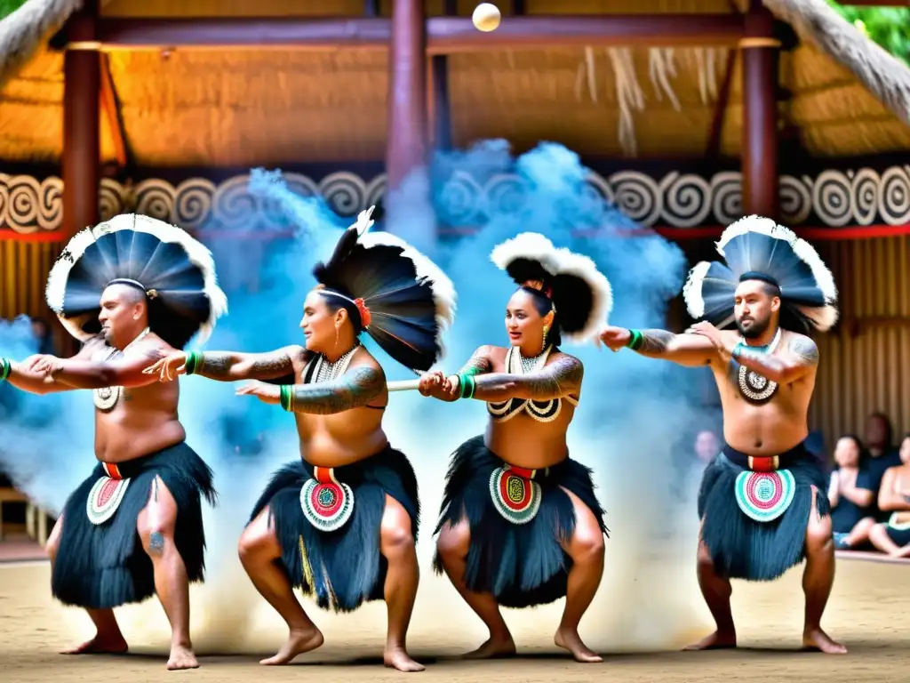 Grupo de bailarines Maorí realizando la Danza Poi en un marae, mostrando su significado cultural y arraigo a la tierra