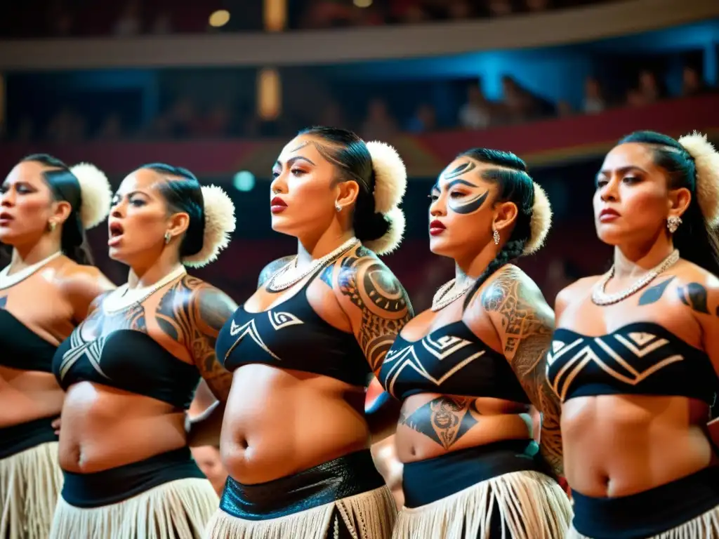 Un grupo de bailarines Maorí ejecuta el Haka en un teatro europeo, fusionando tradiciones ante una audiencia cautivada