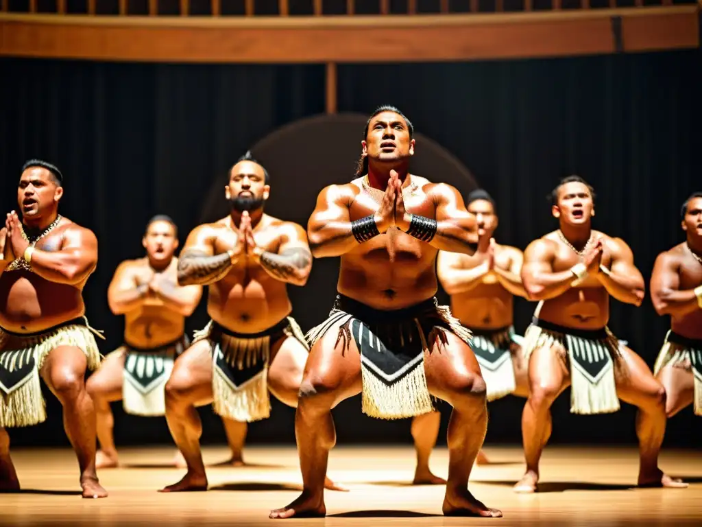 Grupo de bailarines Maoríes realizando la Danza Haka en Europa, mostrando fuerza y energía cultural