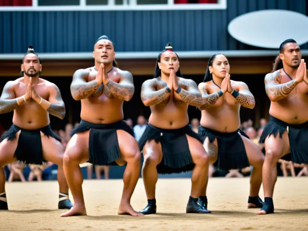 Grupo de bailarines maoríes realiza la danza tradicional haka, expresiones faciales intensas y tatuajes