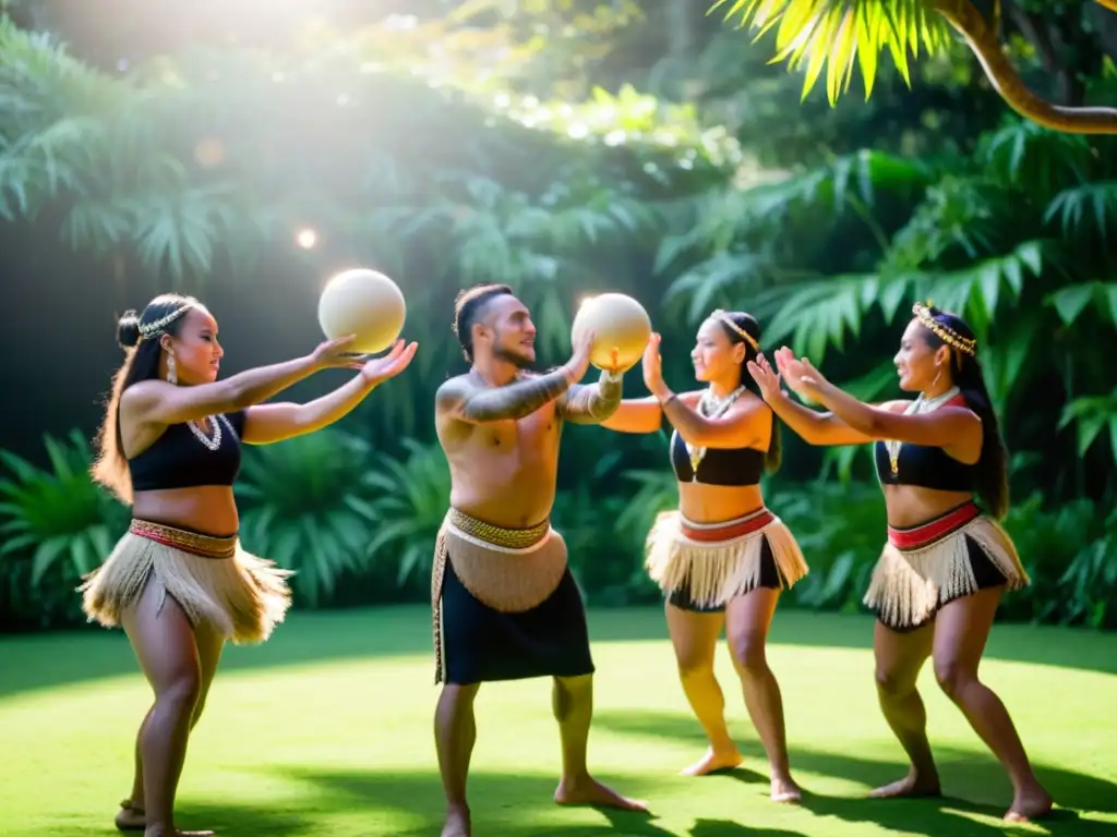 Grupo de bailarines Maoríes realizando la danza Poi con significado cultural, entre exuberante vegetación y luz cálida