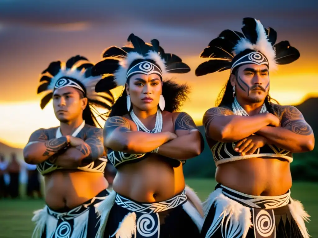 Haka ancestral: danza Maorí al atardecer Grupo de bailarines maoríes ejecutan danza ancestral con significado cultural en vibrante ceremonia al atardecer en marae sagrado