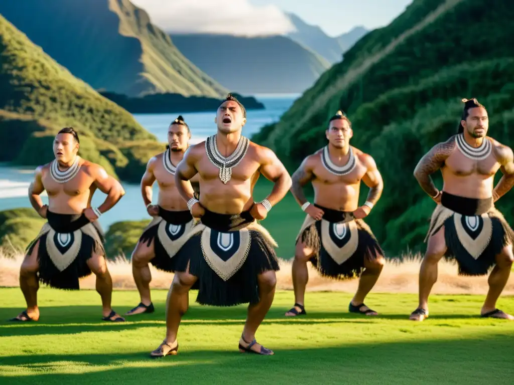 Grupo de bailarines Maoríes realizando la Danza Haka con intensidad y orgullo cultural, destacándose en el paisaje neozelandés