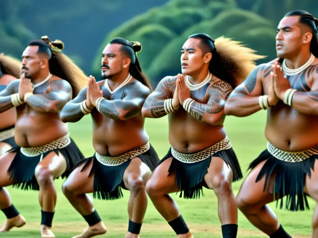 Grupo de bailarines maoríes ejecutando la Danza Haka, mostrando su significado cultural y la intensidad de sus expresiones y movimientos sincronizados