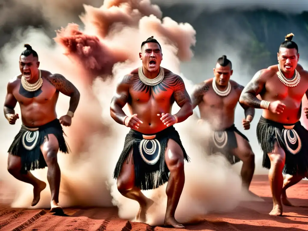 Grupo de bailarines Maoríes ejecutando la danza Haka, mostrando influencias africanas con fuerza y pasión, rodeados de polvo rojo giratorio