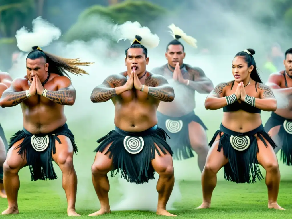 Grupo de bailarines Maoríes enérgicos realizando la danza Haka, con influencias africanas en la danza, rodeados de colores vibrantes y una atmósfera de poder ancestral