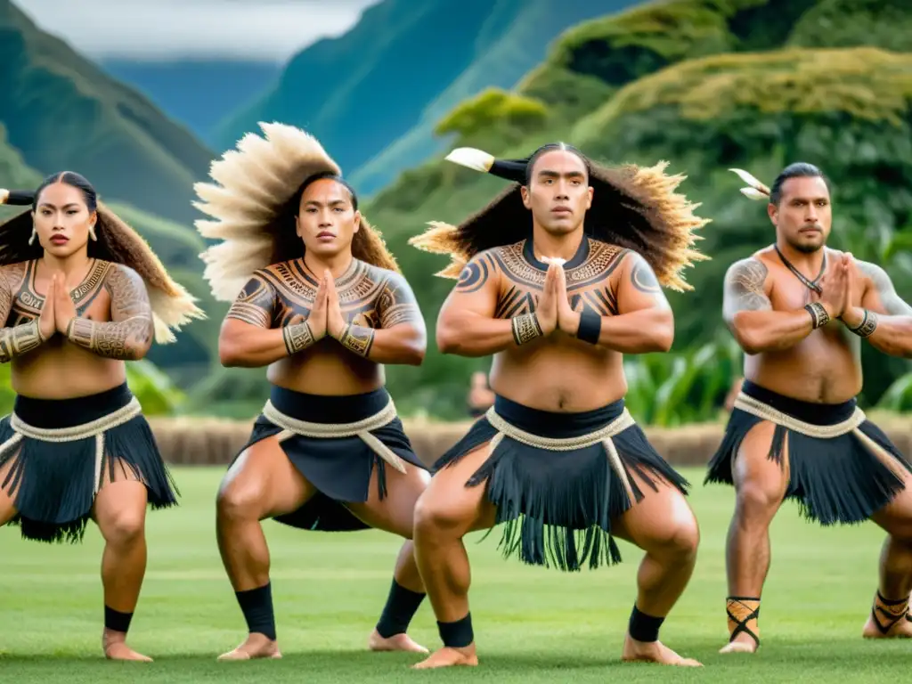 Intenso haka maorí en Nueva Zelanda Un grupo de bailarines maoríes ejecuta una haka ancestral con moko y vestimenta tradicional en un paisaje neozelandés