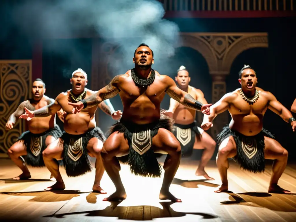 Grupo de bailarines Maoríes ejecutando un haka, expresiones de fuerza y emoción en colaboraciones internacionales documentales danza