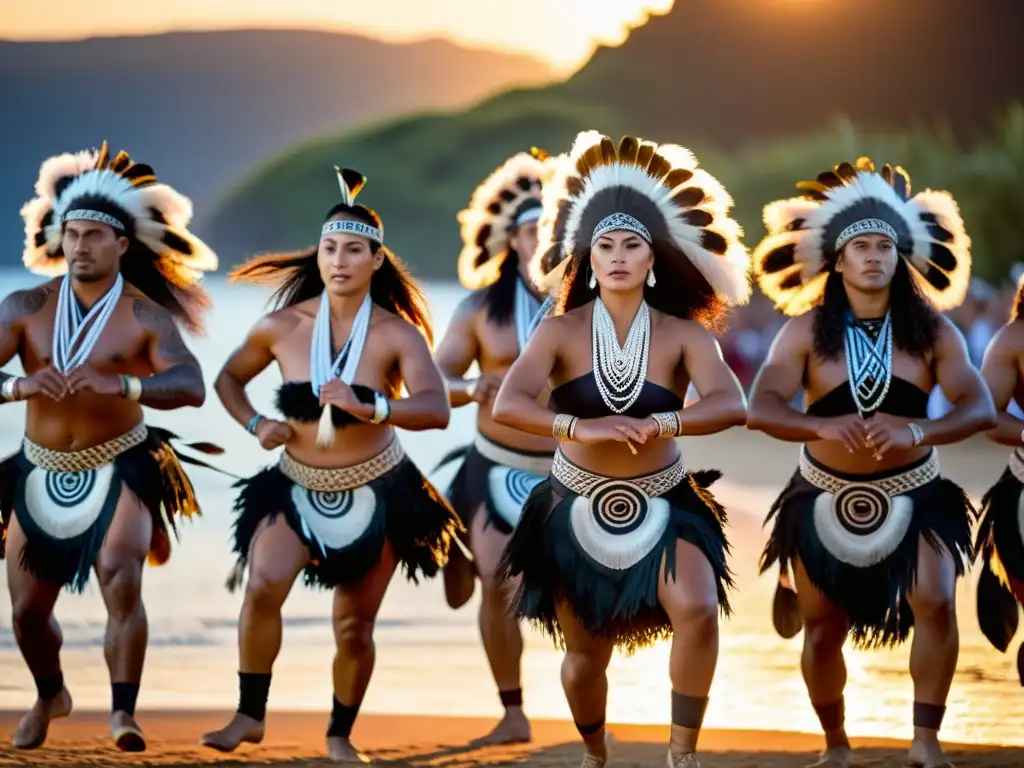 Grupo de bailarines maoríes ejecutando una haka al atardecer, con vestimenta tradicional de Nueva Zelanda