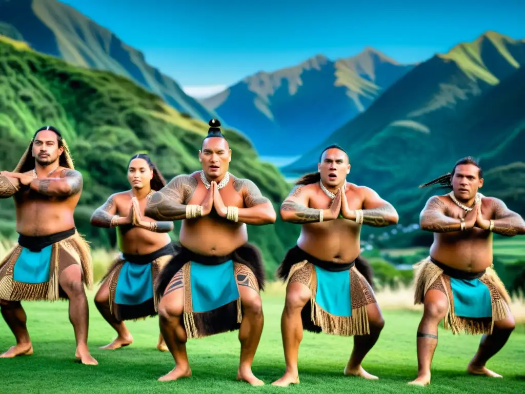 Un grupo de bailarines Maoríes realiza el Haka con intensidad en el Festival de danza Haka Maorí global, mostrando su energía y herencia cultural