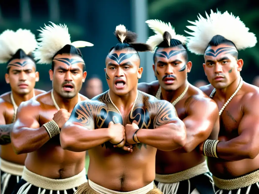 Grupo de bailarines Maoríes realizando el Haka en un festival de danza Haka Maorí global, con expresiones intensas y movimientos poderosos, ataviados con trajes tradicionales y tatuajes faciales intrincados