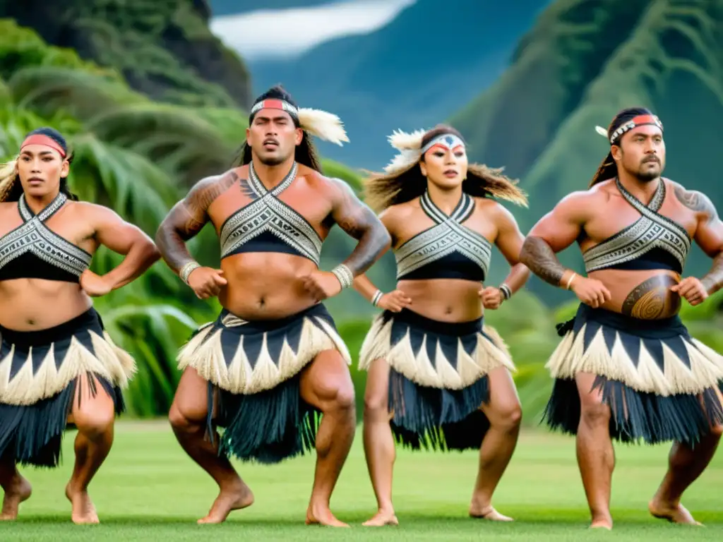 Grupo de bailarines maoríes realizando un haka tradicional, con expresiones fieras y poderosas, en un escenario natural de Nueva Zelanda