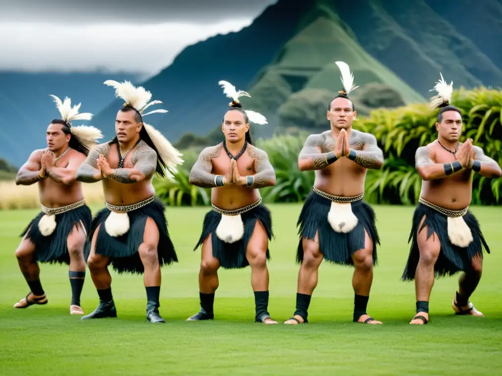 Grupo de bailarines maoríes realizando el haka, danza de guerra sincronizada, resaltando la importancia cultural de la música en danzas oceánicas