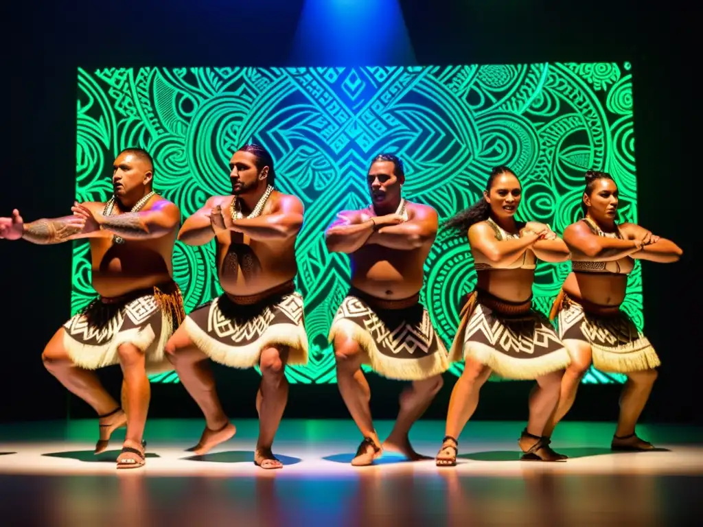 Grupo de bailarines maoríes realiza haka bajo luces digitales, fusionando tradición y tecnología en la evolución de la enseñanza de danzas maoríes