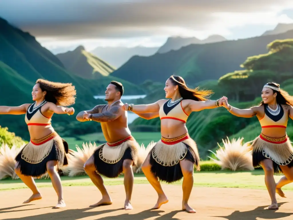 Grupo de bailarines maoríes ejecutando un haka tradicional al aire libre, transmitiendo orgullo y tradición cultural, con ropa tradicional y expresiones faciales intensas