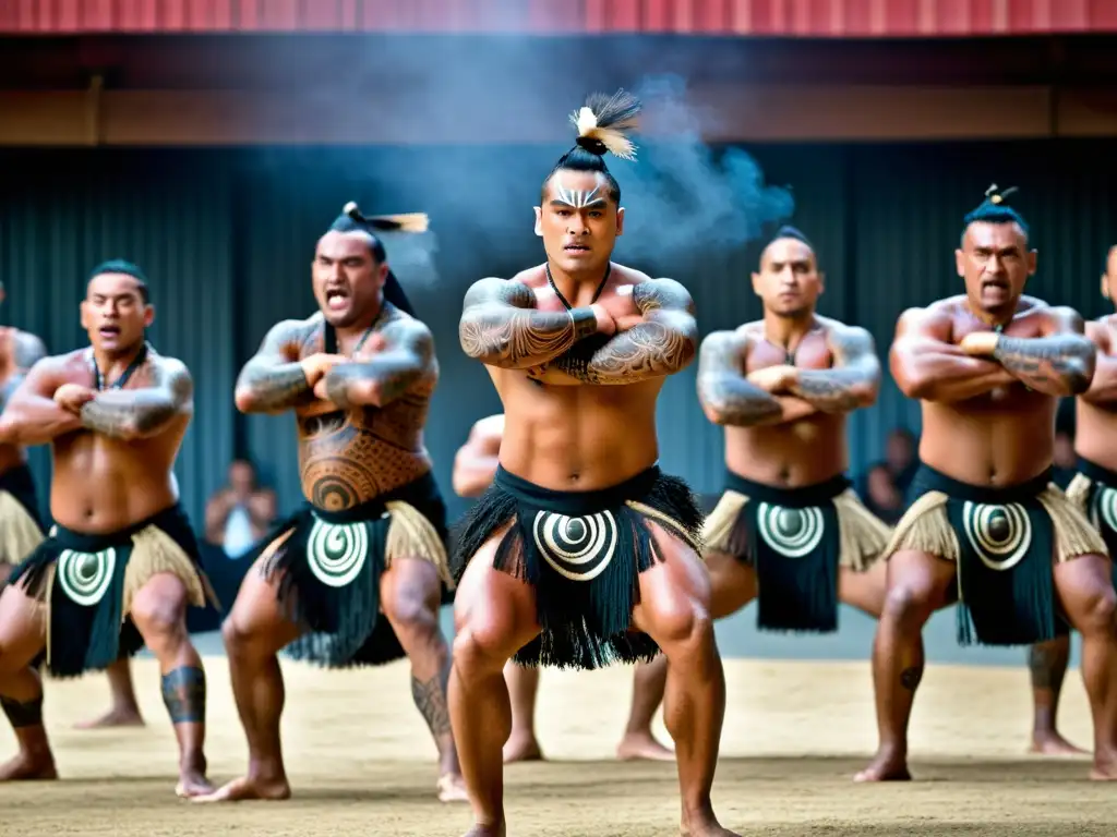 Grupo de bailarines Maoríes ejecutando la intensa Danza Haka, con expresiones feroz y tatuajes intrincados, en un contexto europeo