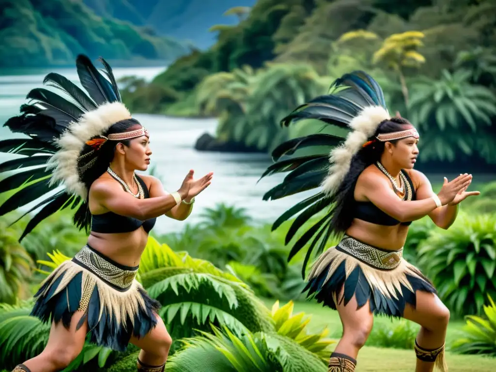 Grupo de bailarines maoríes danzando en Nueva Zelanda, con trajes de plumas y expresiones fieras, en un escenario natural impresionante