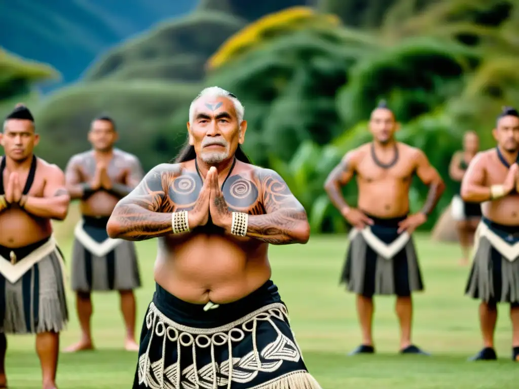 Grupo de bailarines maoríes ejecutando una poderosa danza haka al aire libre, transmitiendo la enseñanza y evolución de las danzas maoríes