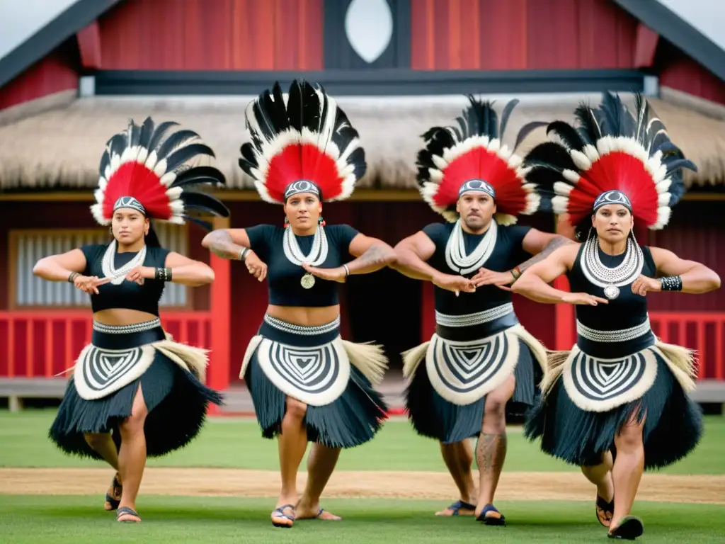 Grupo de bailarines maoríes realizando una poderosa danza haka frente a una casa de reuniones tallada en madera