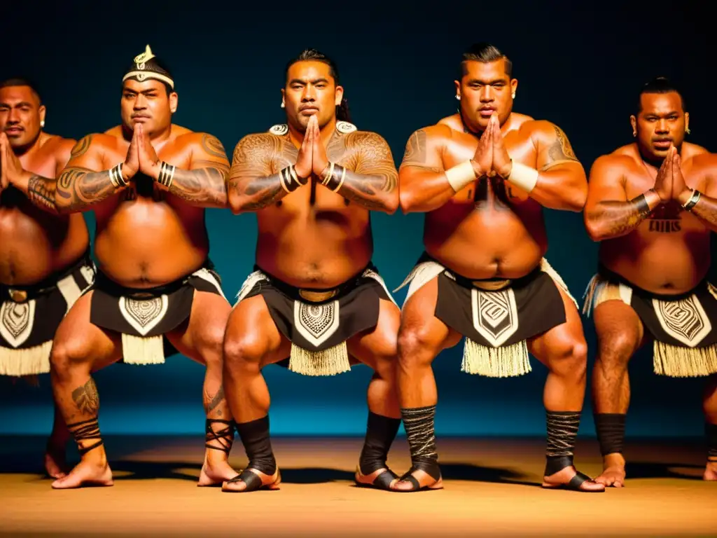 Danza haka maorí: tradición y energía Un grupo de bailarines maoríes realiza el poderoso haka, con expresiones faciales feroces y trajes tradicionales vibrantes