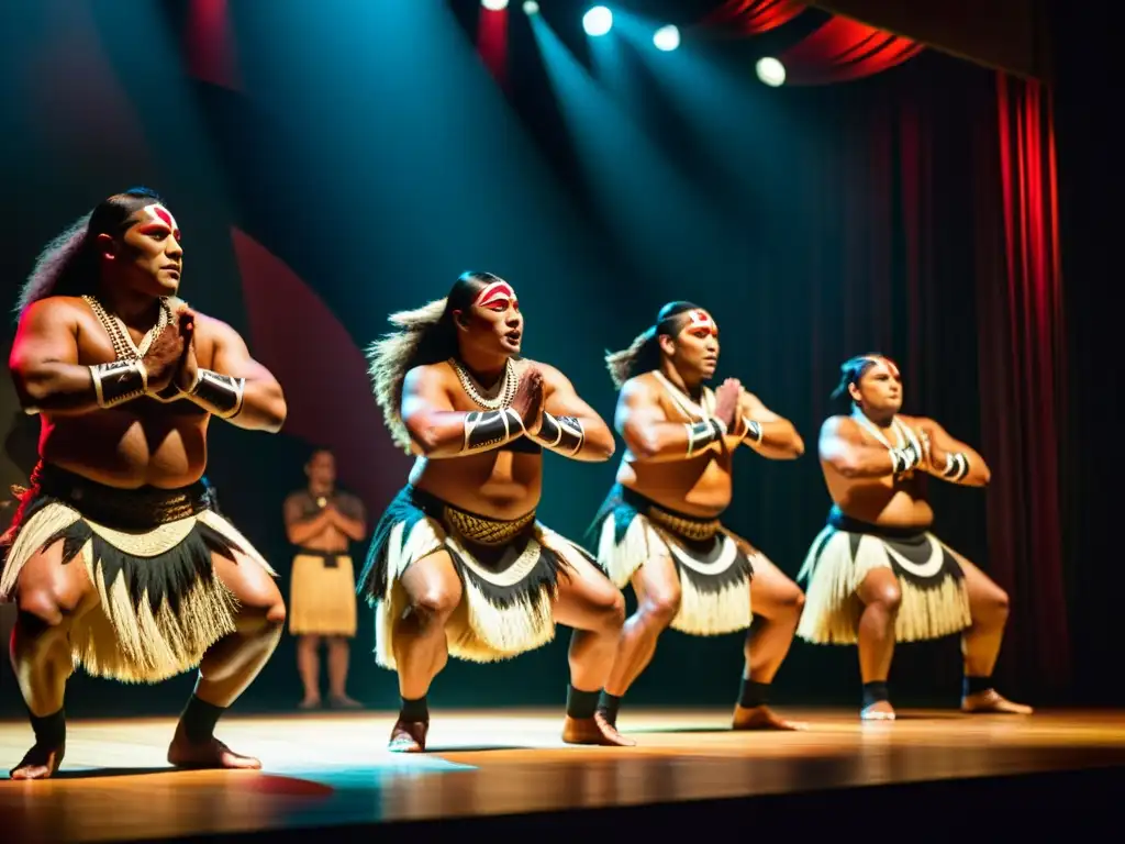 Grupo de bailarines Maoríes realizando una potente danza haka en un teatro, transmitiendo orgullo y fuerza cultural