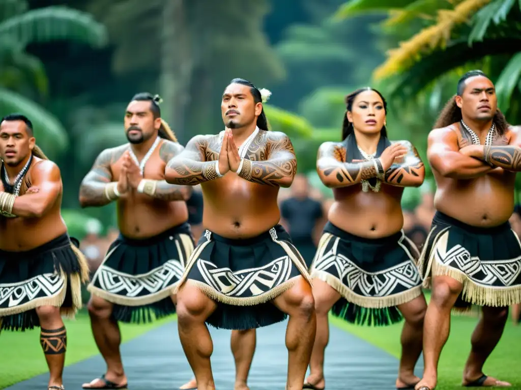 Un grupo de bailarines maoríes realiza la tradicional danza haka, con expresiones intensas y atuendos tradicionales