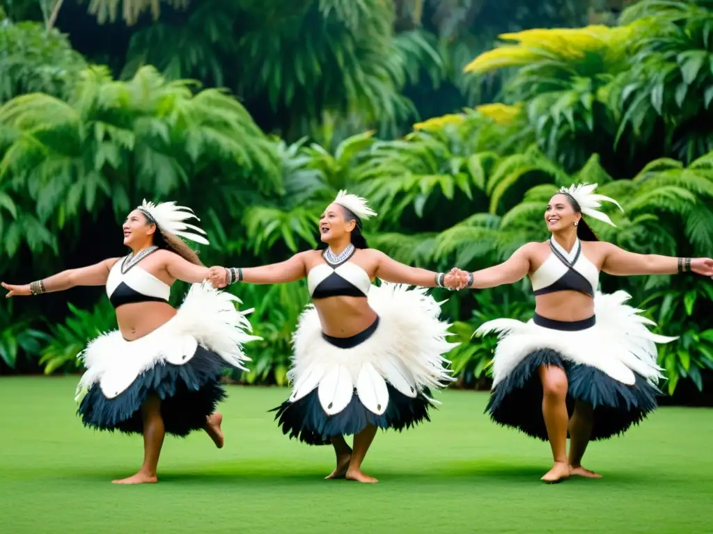 Grupo de bailarines maoríes con trajes de plumas imitando el vuelo del albatros en una danza tradicional inspirada en la fauna de Nueva Zelanda