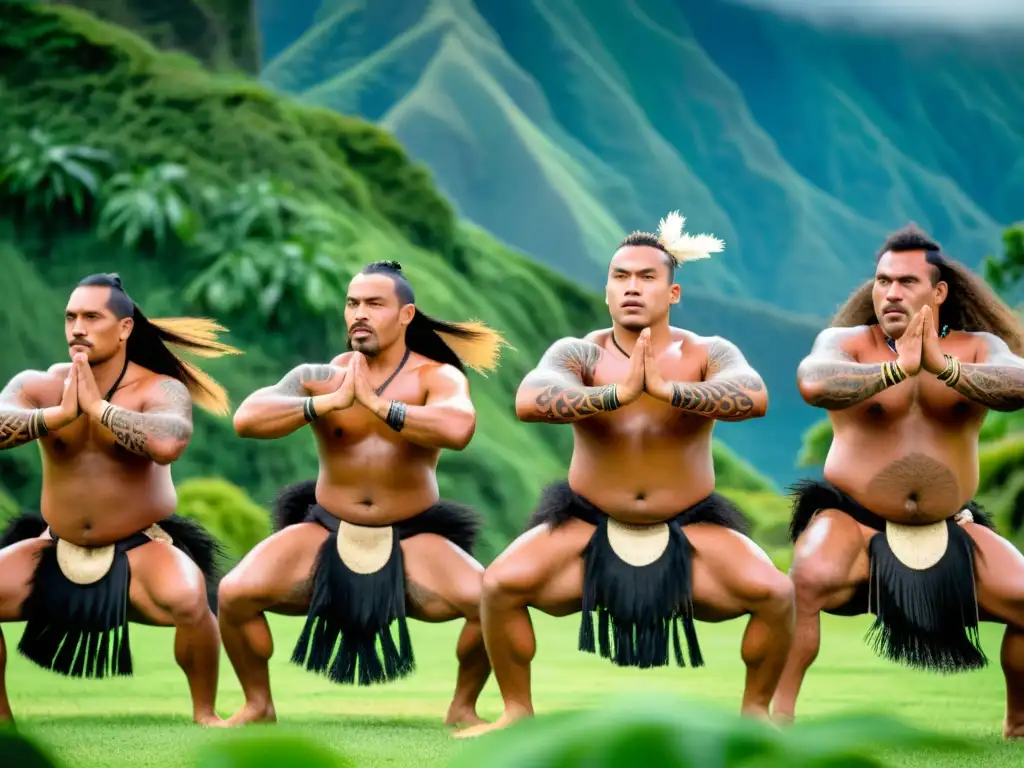 Un grupo de bailarines maoríes en trajes tradicionales realiza una haka con intensidad y orgullo en Nueva Zelanda