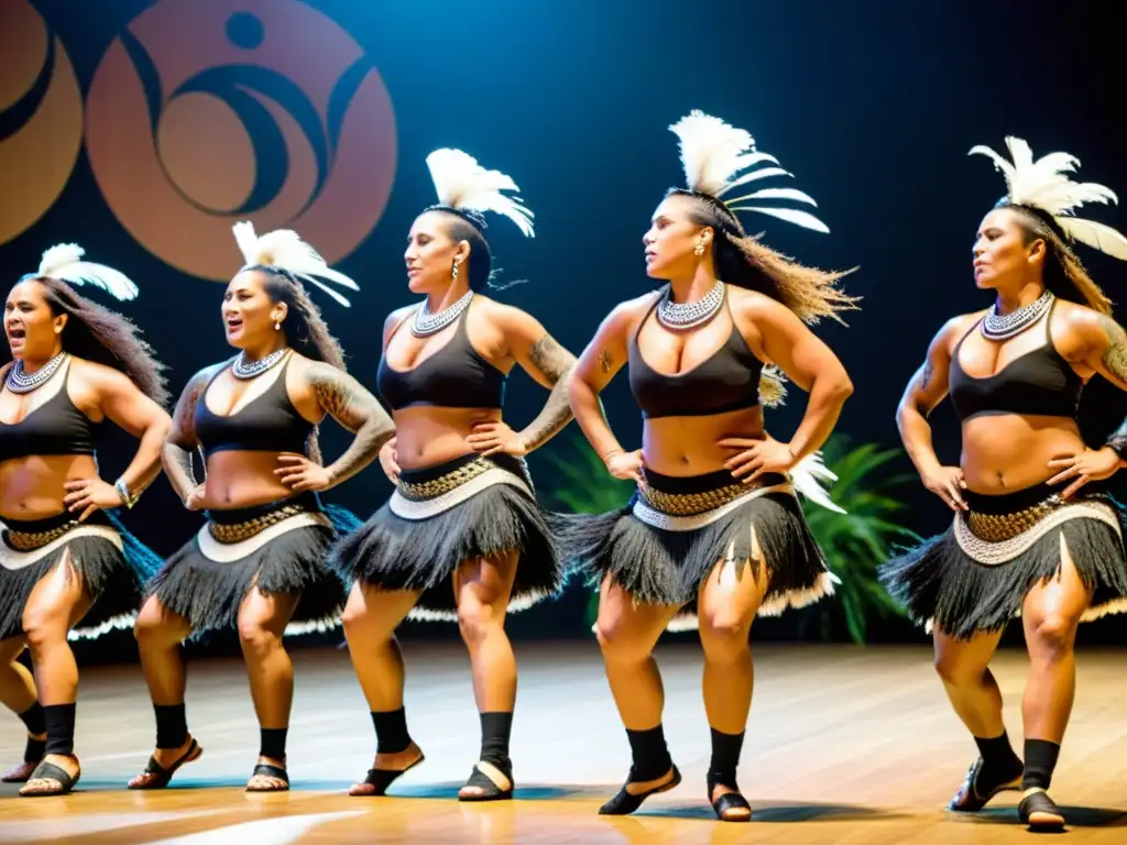 Grupo de bailarines Maoríes con vestimenta tradicional y contemporánea realizando la danza haka en Nueva Zelanda