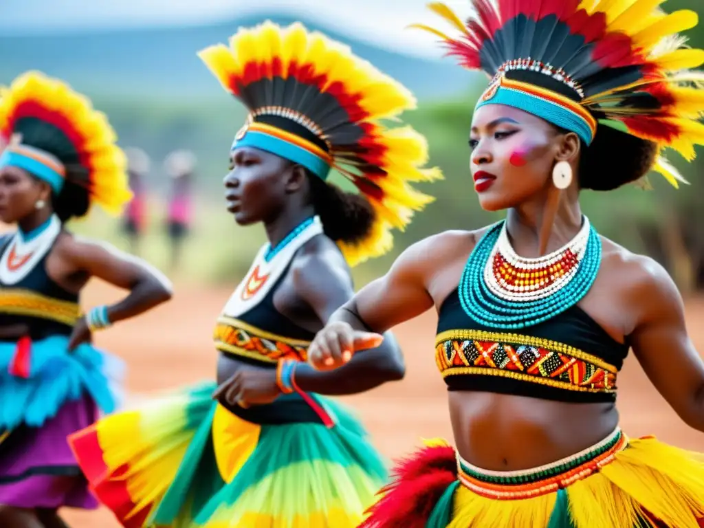 Grupo de bailarines Mapiko en trajes coloridos realizando danza energética