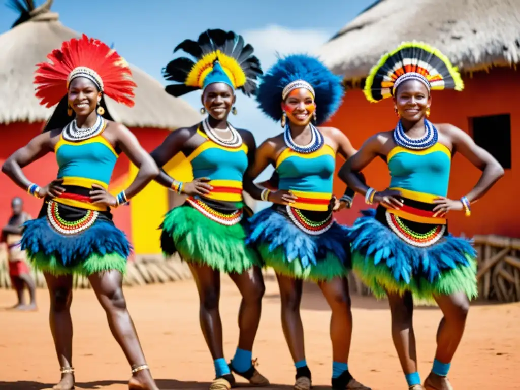 Grupo de bailarines Mapiko en vibrante danza Mozambique, expresando orgullo y resistencia cultural