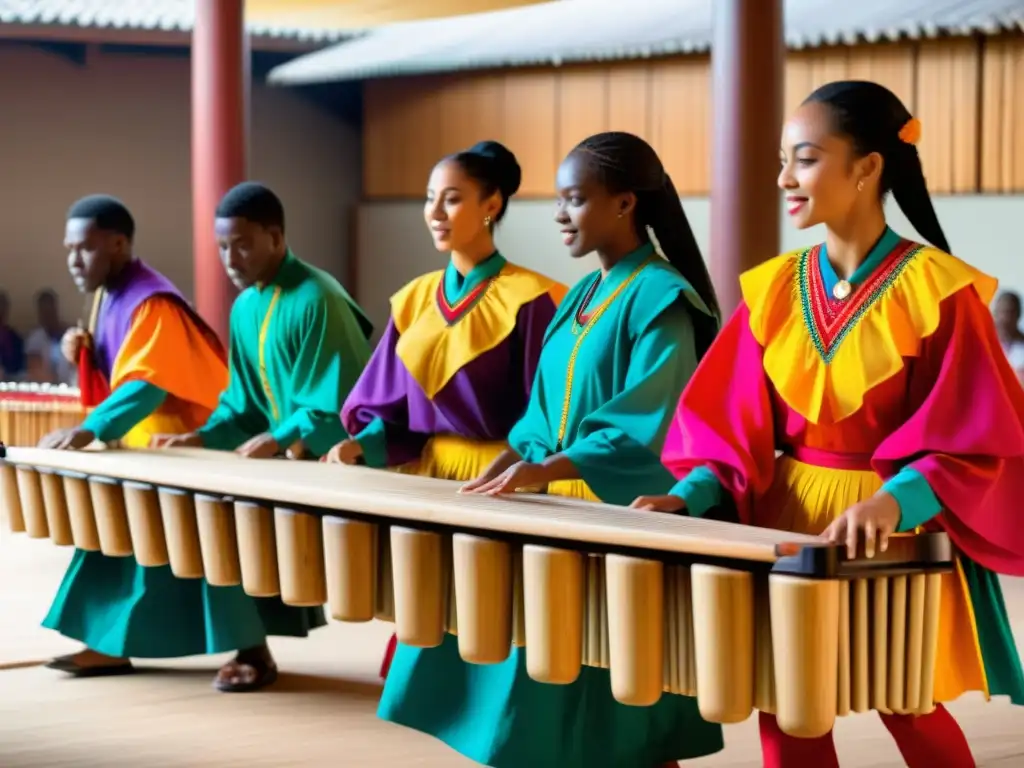 Grupo de bailarines de marimba con trajes vibrantes danzando al ritmo de marimbas de madera en Centroamérica, reflejando la celebración cultural